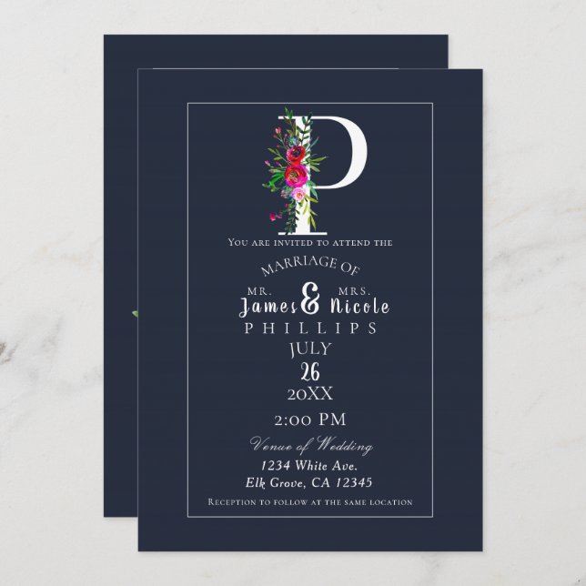 Invitation P Monogramme Dernier initial bleu Floral Mariage (Devant / Derrière)
