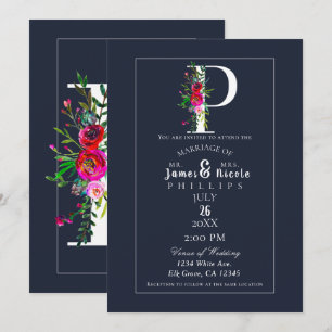 Invitation P Monogramme Dernière Initiale Moderne Bleu Floral