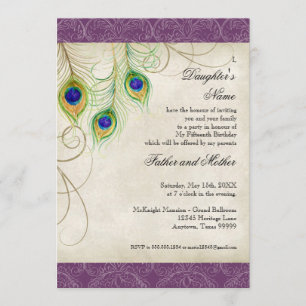 Invitation Pacock Feathères Quinceanera, le parti pourpre Dam