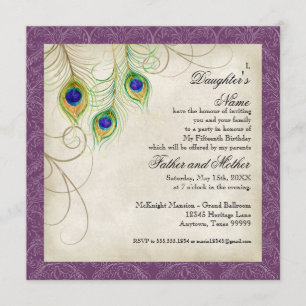 Invitation Pacock Feathères Quinceanera, le parti pourpre Dam