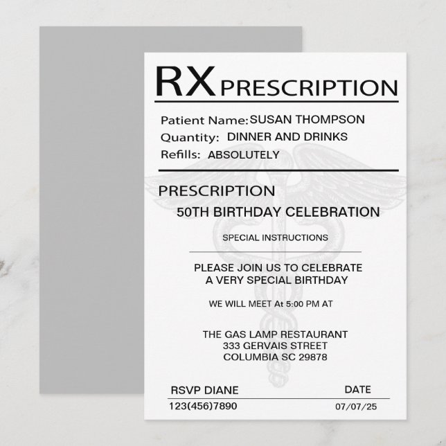 Invitation Pad d'ordonnance Médicale 50e fête d'anniversaire (Devant / Derrière)