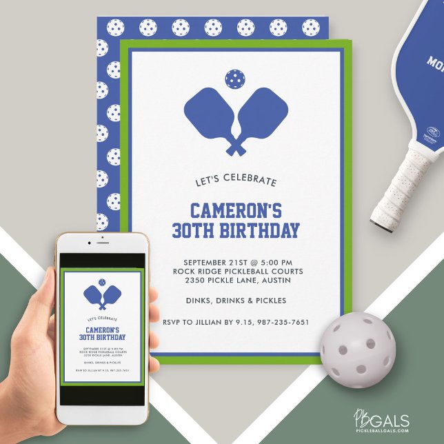 Invitation Pagaie de la fête de Pickleball bleu vert personna (Créateur téléchargé)