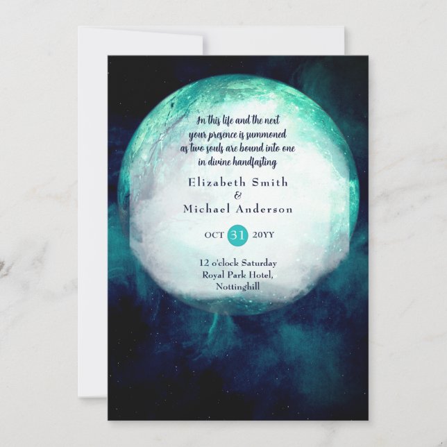 Invitation Pagan Wiccan Turquoise Lune Gothique Handfasting I (Devant)