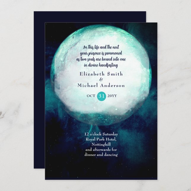 Invitation Pagan Wiccan Turquoise Lune Gothique Handfasting I (Devant / Derrière)