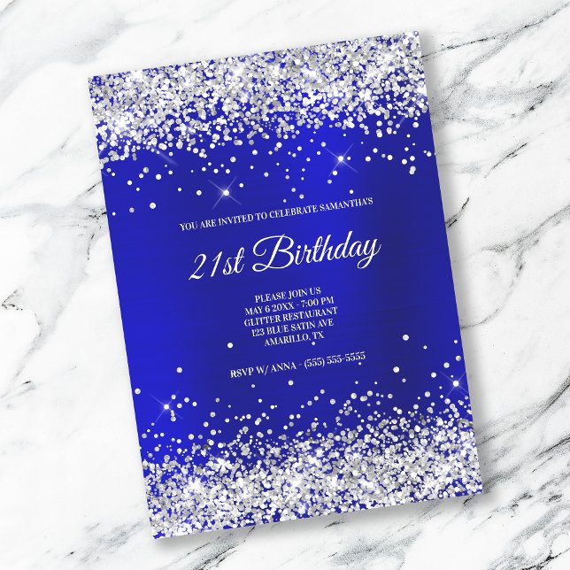 Invitation Pailleté Argent Brillant Satin Bleu Foncé Feuille (Créateur téléchargé)