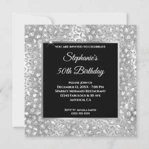 Invitation Pailleté Argent Paillettes Imprimé Léopard Anniver