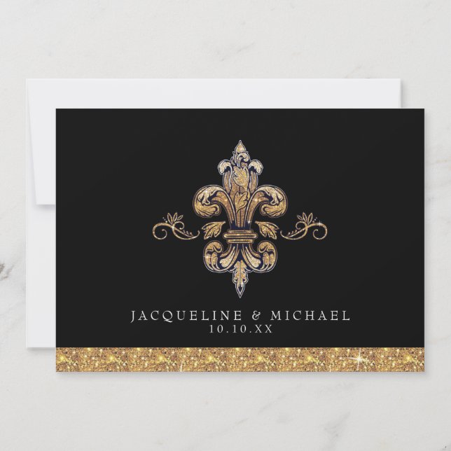 Invitation Pailleté aspect or noir formel Fleur de Lis (Dos)