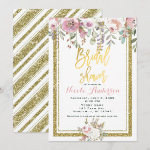 Invitation Pailleté de feuille d'or moderne floral rose douch