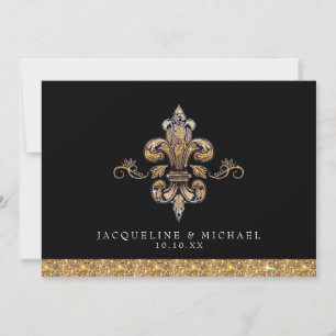 Invitation Pailleté Faux Or Noir Formel Fleur de Lis Aspect P