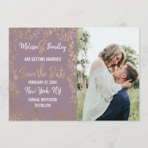 Invitation Pailleté Floral Doré Ombré Mauve Lilas Save the Da