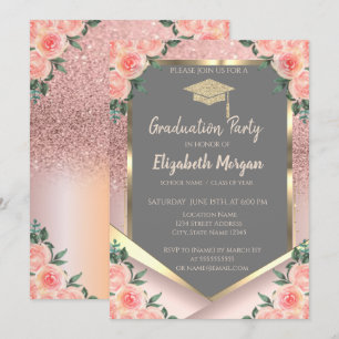 Invitation Pailleté Floral Doré Rose Élégant pour la Remise d
