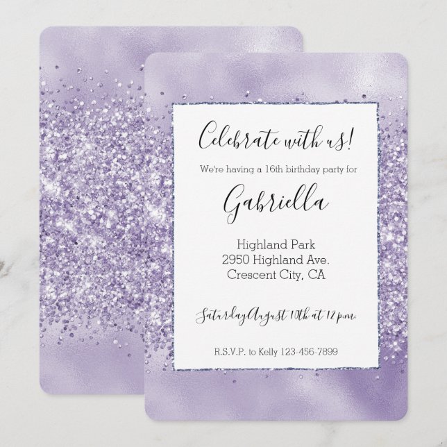 Invitation Pailleté Glitzy Violet (Devant / Derrière)