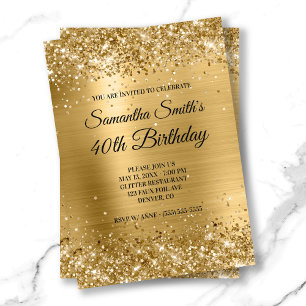 Invitation Pailleté Or Brillant Feuille Monogramme Anniversai