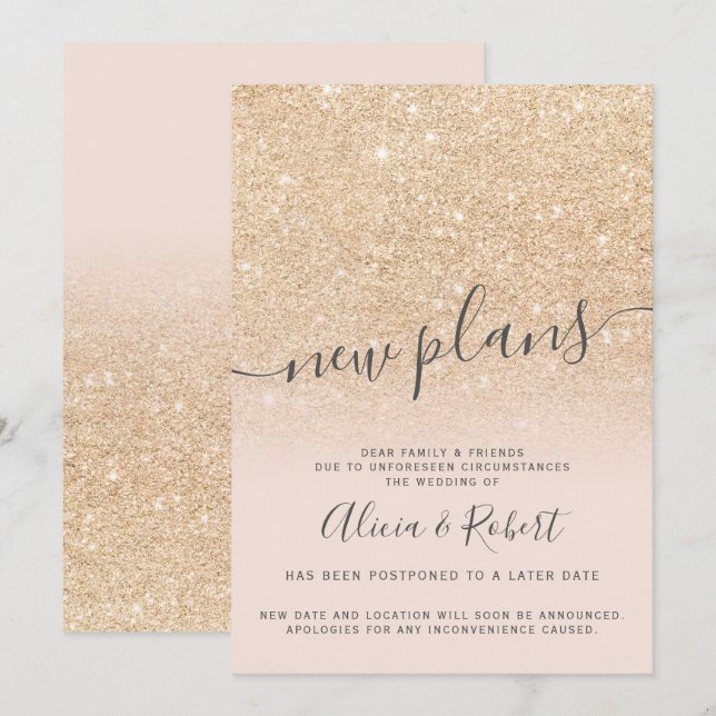 Invitation Pailleté or chic rose report de nouveaux plans (Devant / Derrière)