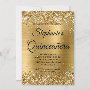Invitation Pailleté Or Feuille Fancy Monogramme Quinceañera