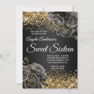 Invitation Pailleté Or Fleur Noir Glam Sweet Seize Ans