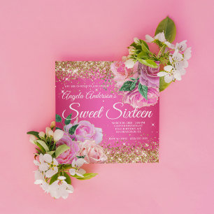 Invitation Pailleté Or Paillettes Rose Rose Glam Douce 16