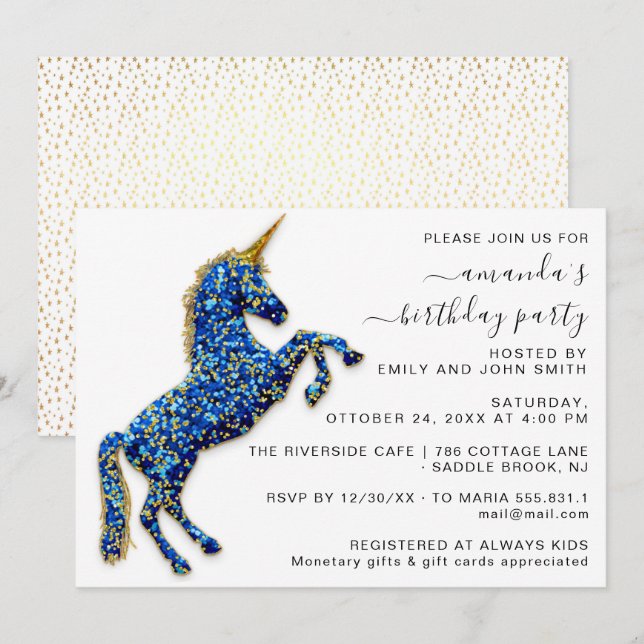 Invitation Pailleté Royale Licorne Cheval Bleu Princesse (Devant / Derrière)