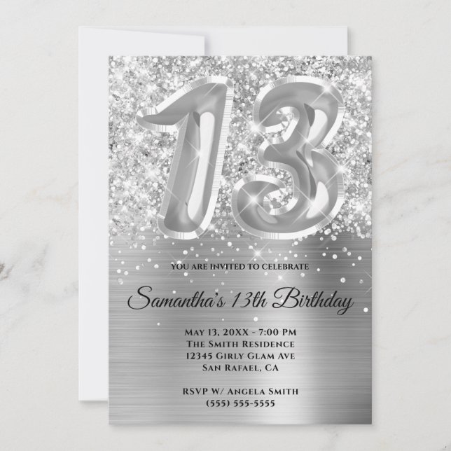 Invitation Pailleté Scintillant Argent Glam 13e Anniversaire (Devant)