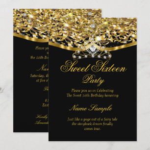 Invitation pailletée or et noir pour fête de 16 an