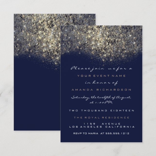 Invitation Pailletée Or Sépia Bleu Marine (Devant / Derrière)