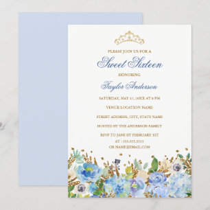 Invitation pailletée scintillante bleue florale po