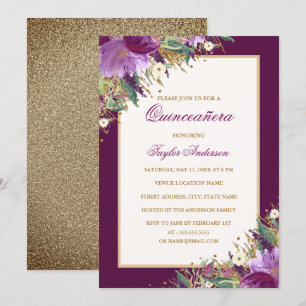Invitation Paillettes Améthyste Or Fleur Quinceanera Violet