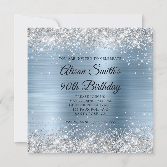 Invitation Paillettes Argent Monogramme Bleu Clair 90e Annive (Devant)