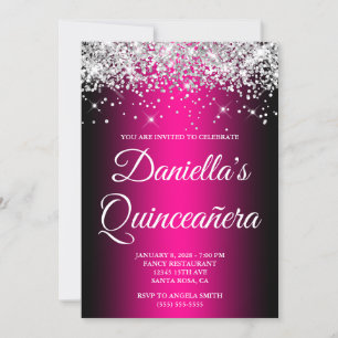 Invitation Paillettes Argent Noir Magenta Ombre Quinceañera