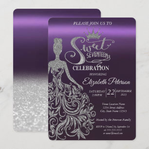 Invitation Paillettes argentées Bokeh, Robe, Diadème, Violet 
