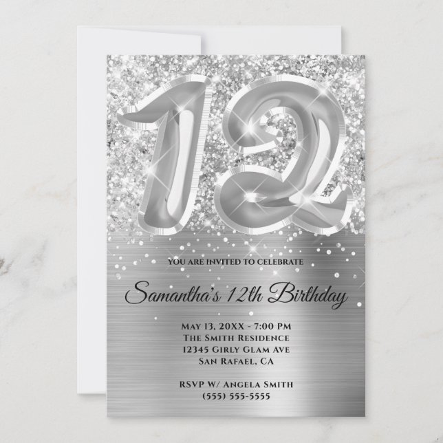 Invitation Paillettes Argentées Brillant 12e Anniversaire (Devant)