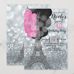 Invitation Paillettes argentées et ballons Paris Tour Eiffel 
