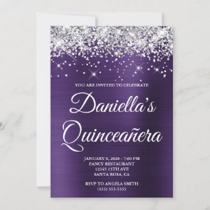 Invitation Paillettes Argentées Fête de Quinceañera Violet Fo