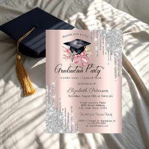 Invitation Paillettes Argentées Gouttes Florales Cap Graduati