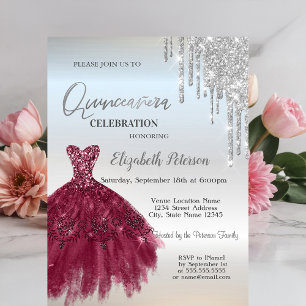 Invitation Paillettes argentées gouttes,robe bordeaux Quincea