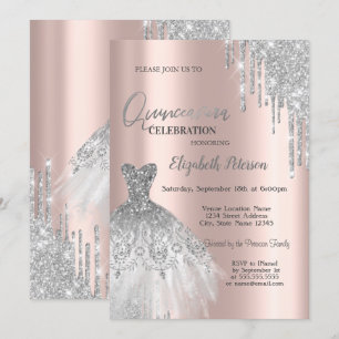 Invitation Paillettes argentées gouttes,Robe Rose Gold Quince