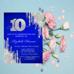 Invitation Paillettes Argentées Gouttes Royales Bleu 10ème An