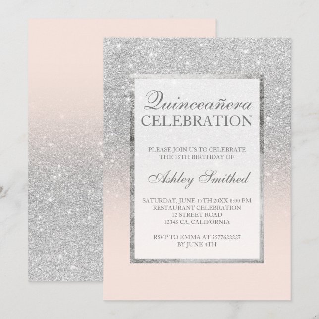 Invitation Paillettes argentées rose élégant chic Quinceañera (Devant / Derrière)