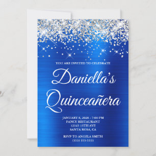 Invitation Paillettes Argentées Royal Bleu Feuille Quinceañer