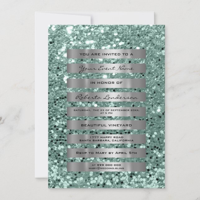 Invitation Paillettes Bandes Gris Argent Vert Menthe Pastel (Devant)