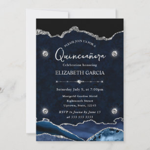 Invitation Paillettes Bleu et Argent Agate Quinceanera
