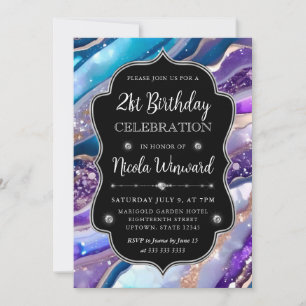Invitation Paillettes Bleu et Violet Marbre Agate 21e Anniver