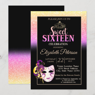Invitation Paillettes Bokeh, Diadème, Fête Douce 16 Mascarade