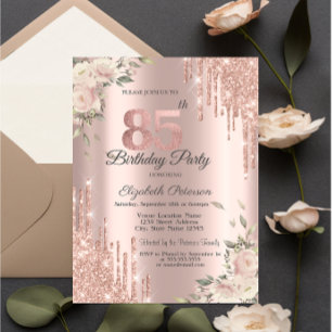 Invitation Paillettes Chic Gouttes,Fleurs Rose Or 85e Anniver