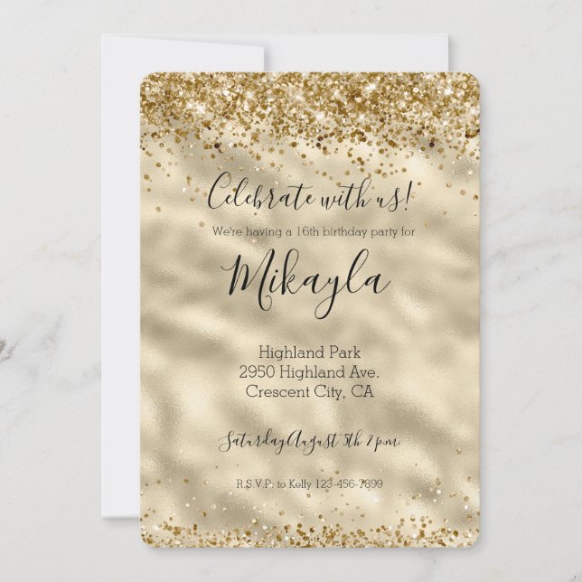 Invitation Paillettes de confettis dorés glamour féminins (Devant)