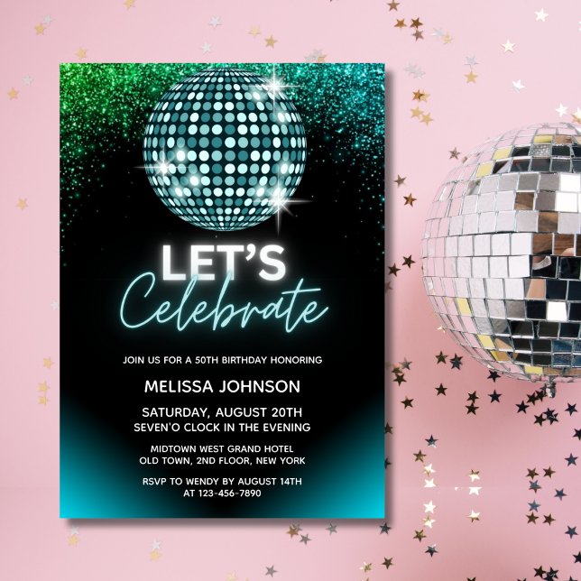 Invitation Paillettes de disco turquoise Célébrons l'annivers (Créateur téléchargé)