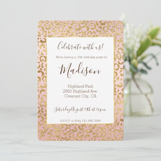 Invitation Paillettes de luxe en or rose Impression léopard (Debout devant)
