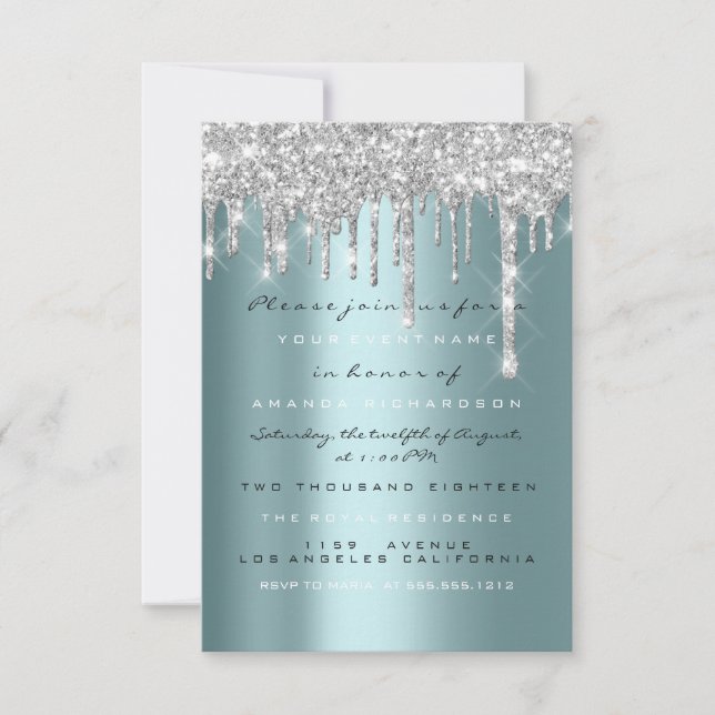Invitation Paillettes de mariage argent sarcelle douce 16e (Devant)