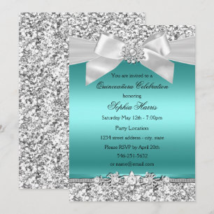 Invitation Paillettes de Teal Argenté & Nœud de Bijou Quincea