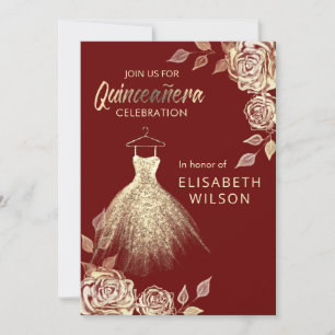Invitation Paillettes d'or Floral Bourgogne robe Quinceañera